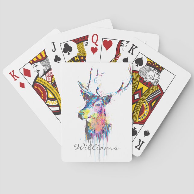 colourful vibrant watercolours splatters deer head playing cards (Back)