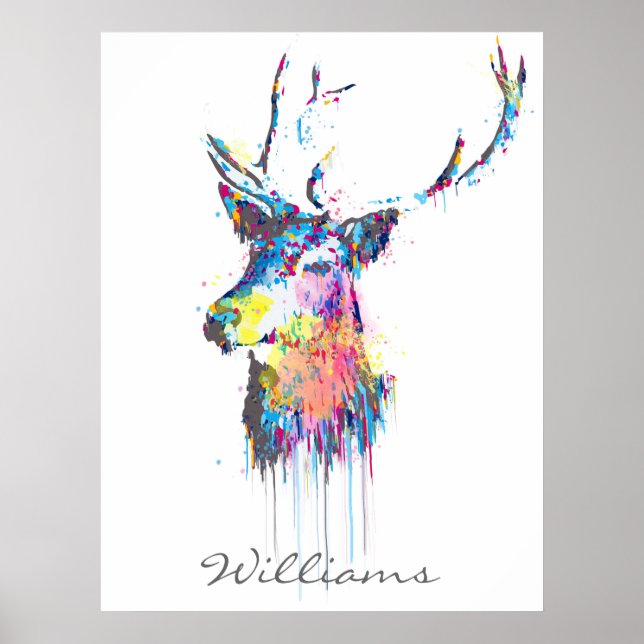 colourful vibrant watercolours splatters deer head poster (Front)