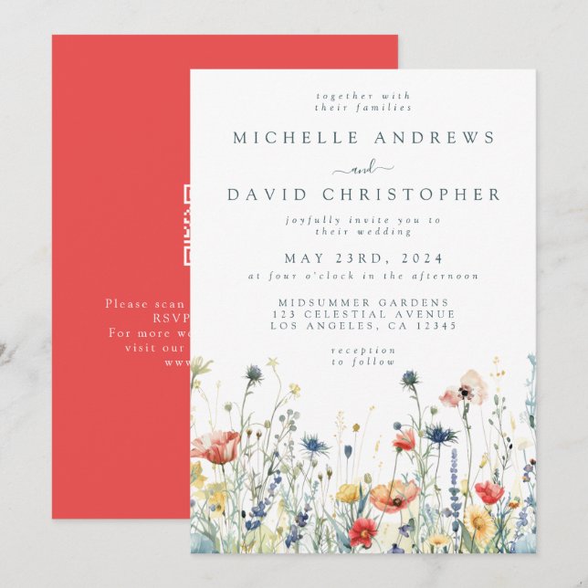 Colourful Vibrant Wildflower QR Code Wedding Invitation (Front/Back)