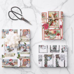 Colourful Victorian Christmas Card Collage Wrapping Paper Sheet