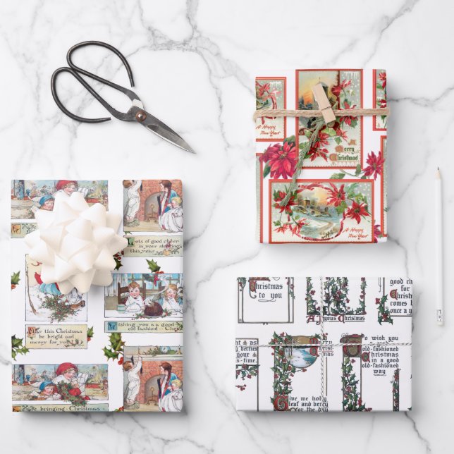 Colourful Victorian Christmas Card Collage Wrapping Paper Sheet (Front)