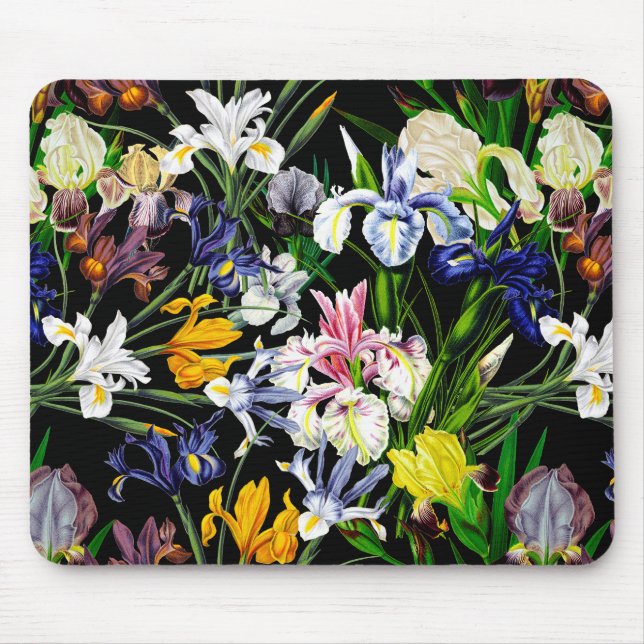 Colourful Victorian Iris Flowers on Black Pattern Mouse Mat (Front)