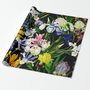 Colourful Victorian Iris Flowers on Black Pattern Wrapping Paper