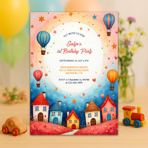 Colourful Village Hot Air Balloon 1st Birthday Invitation