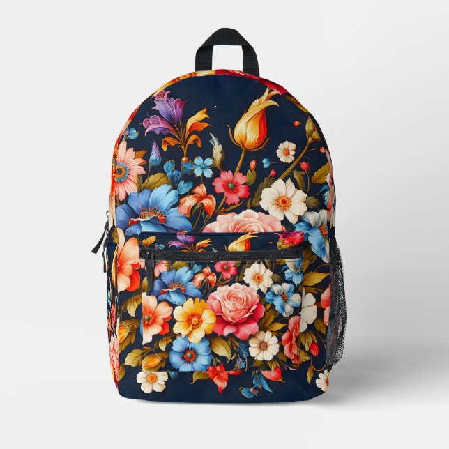 Colourful Vintage Abstract Flower Collage Printed Backpack (Front)