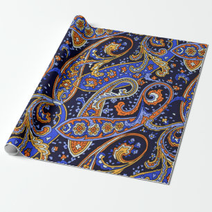 Colourful VIntage Blue and Orange Paisley Pattern Wrapping Paper