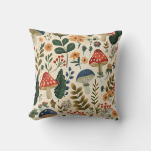 Colourful Vintage Botanical Mushroom Cushion