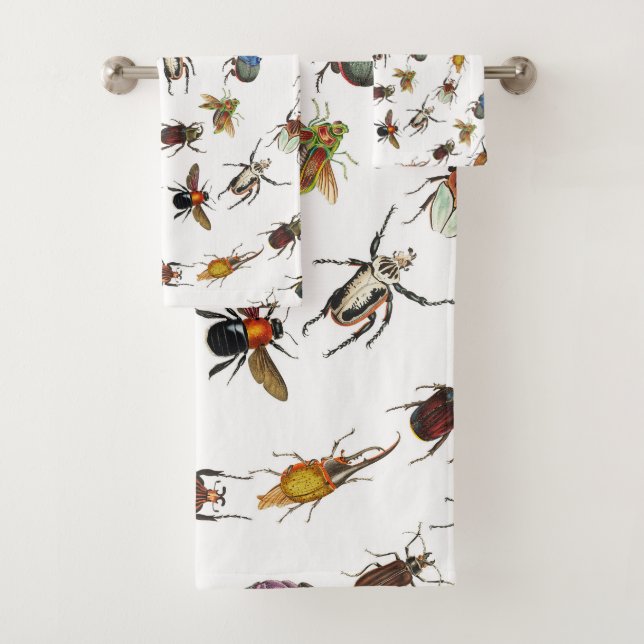 Colourful Vintage Bugs & Beetles Pattern Bath Towel Set (Insitu)