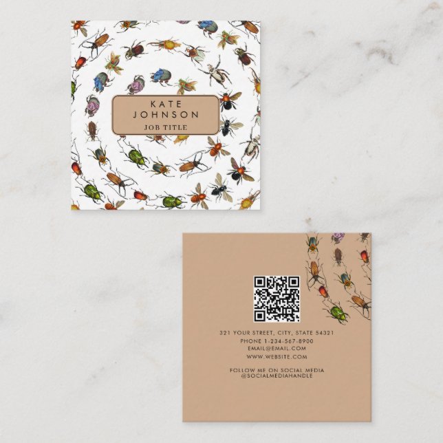 Colourful Vintage Bugs & Beetles Pattern Square Business Card (Front/Back)