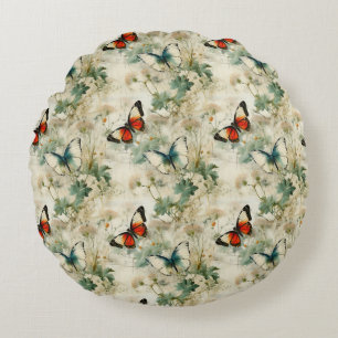 Colourful Vintage Butterflies and Flowers (2) Round Cushion