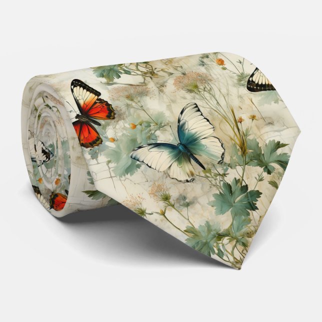 Colourful Vintage Butterflies and Flowers (2) Tie (Rolled)