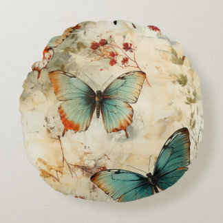 Colourful Vintage Butterflies and Flowers (3) Round Cushion