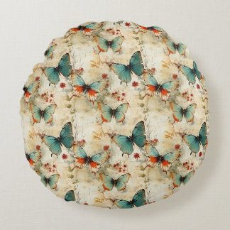 Colourful Vintage Butterflies and Flowers (3) Round Cushion