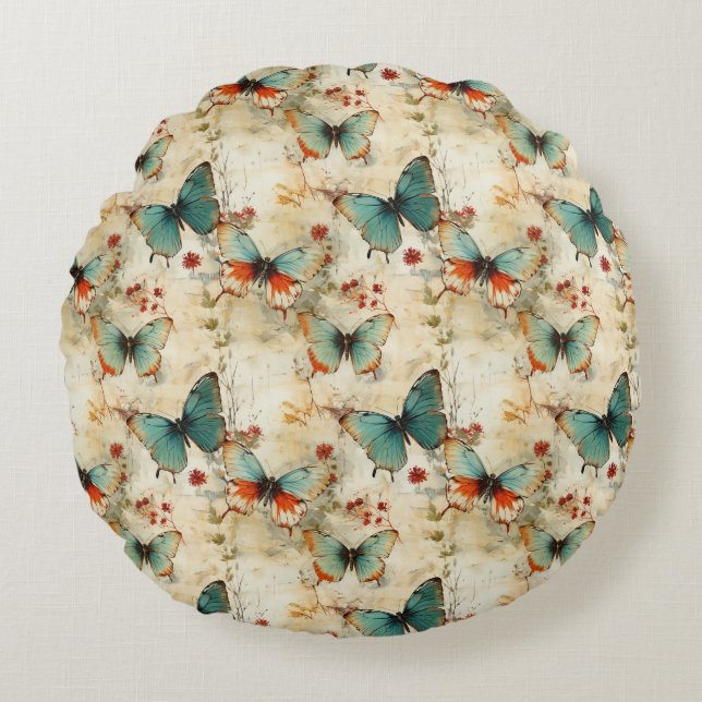 Colourful Vintage Butterflies and Flowers (3) Round Cushion (Front)