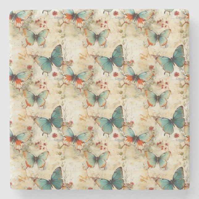 Colourful Vintage Butterflies and Flowers (3) Stone Coaster (Front)