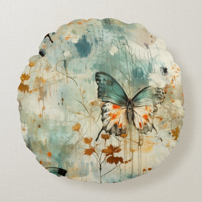 Colourful Vintage Butterflies and Flowers (4) Round Cushion (Front)