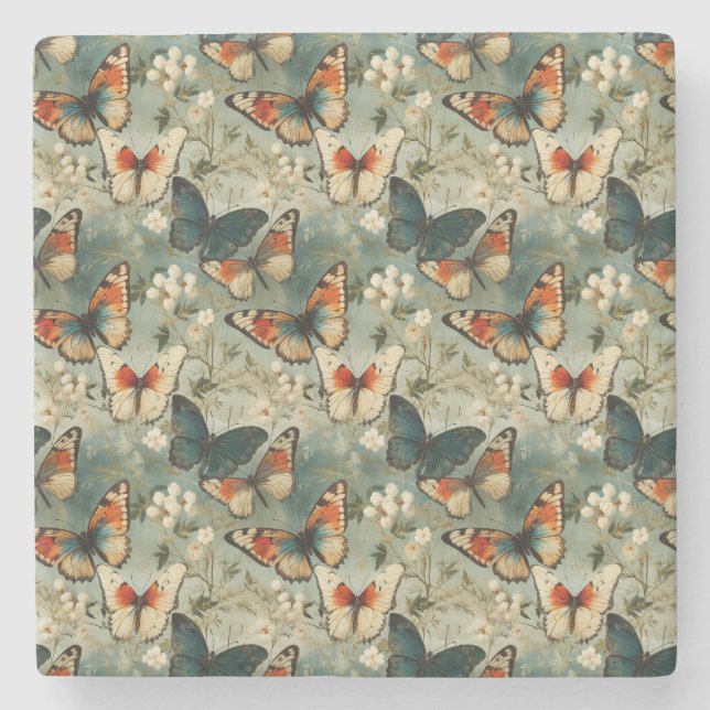 Colourful Vintage Butterflies and Flowers (5) Stone Coaster (Front)