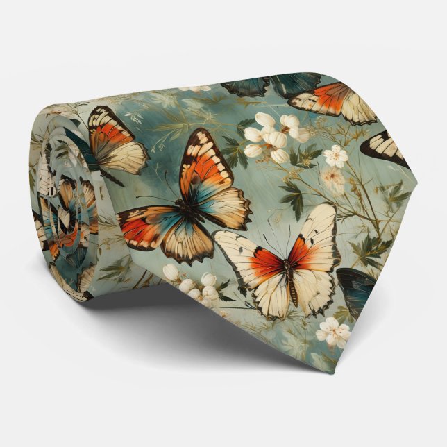 Colourful Vintage Butterflies and Flowers (5) Tie (Rolled)
