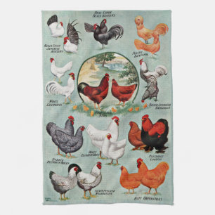 Colourful Vintage Chicken Breeds  Tea Towel