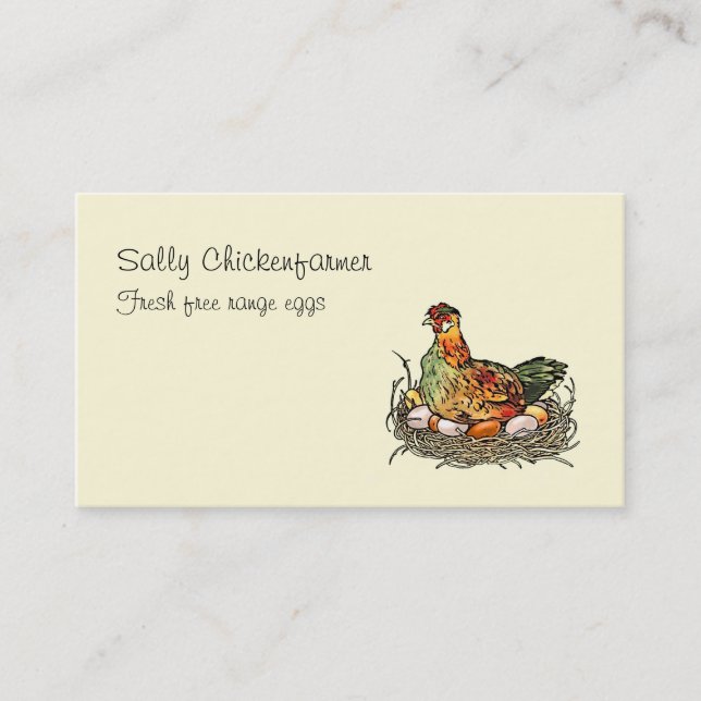 Colourful vintage chicken sitting on eggs business card (Front)