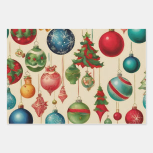 Colourful Vintage Christmas Hanging Ornaments Wrapping Paper Sheet