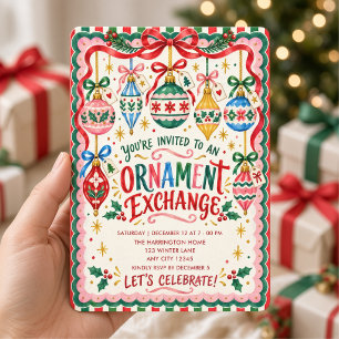 Colourful Vintage Christmas Ornament Exchange Invitation