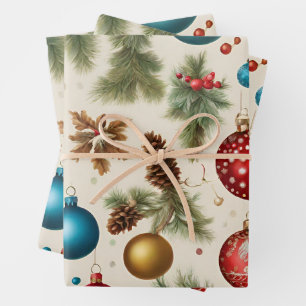 Colourful Vintage Christmas Ornaments  Wrapping Paper Sheet