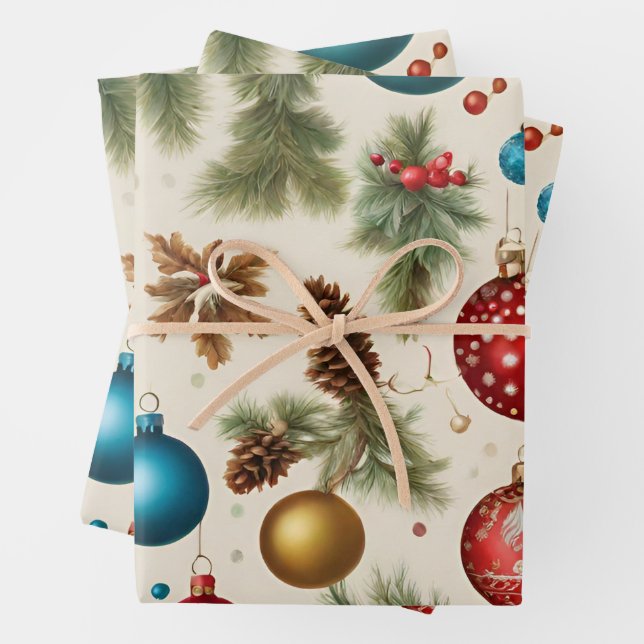 Colourful Vintage Christmas Ornaments  Wrapping Paper Sheet (In situ)