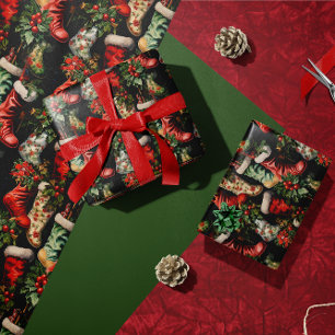 Colourful Vintage Christmas stockings Wrapping Paper