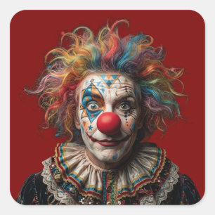 Colourful Vintage Circus Clown Rainbow Hair Vinyl Square Sticker