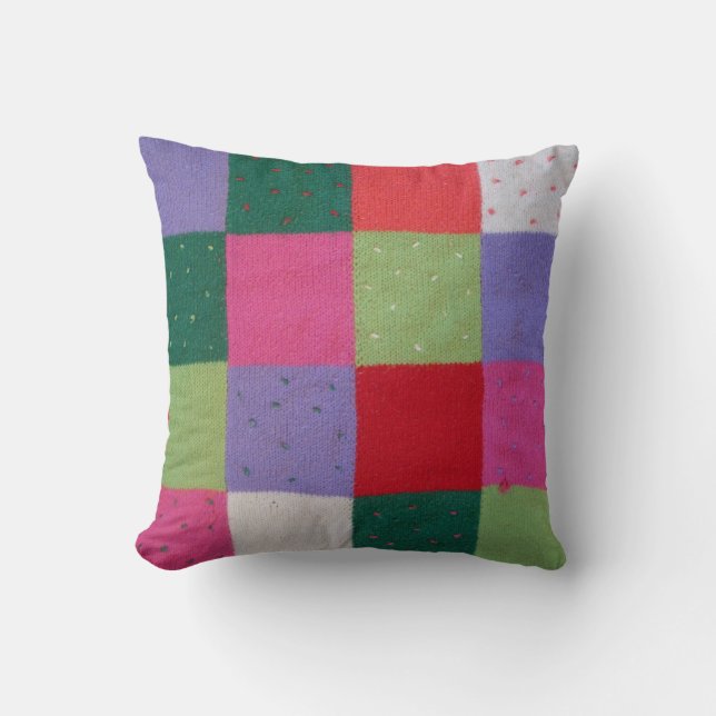 colourful vintage cottagecore knitted patchwork cushion (Front)