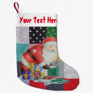 colourful vintage fabric patchwork with santa small christmas stocking