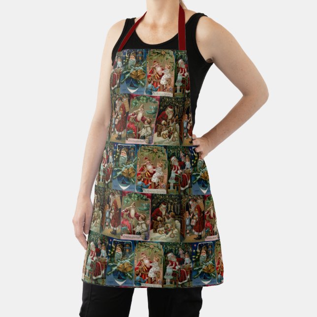 Colourful Vintage Father Christmas Collage Apron (Insitu)