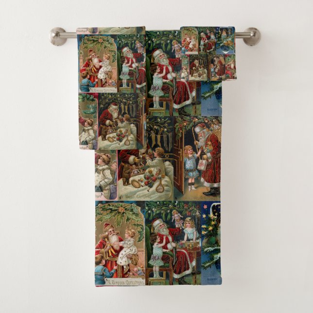 Colourful Vintage Father Christmas Collage Bath Towel Set (Insitu)