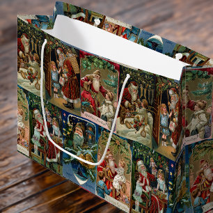 Colourful Vintage Father Christmas Collage Large Gift Bag