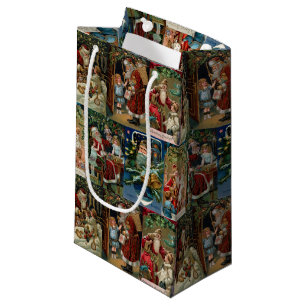 Colourful Vintage Father Christmas Collage Small Gift Bag