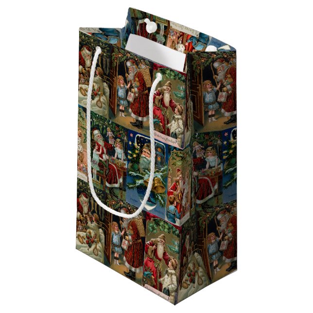 Colourful Vintage Father Christmas Collage Small Gift Bag (Front Angled)
