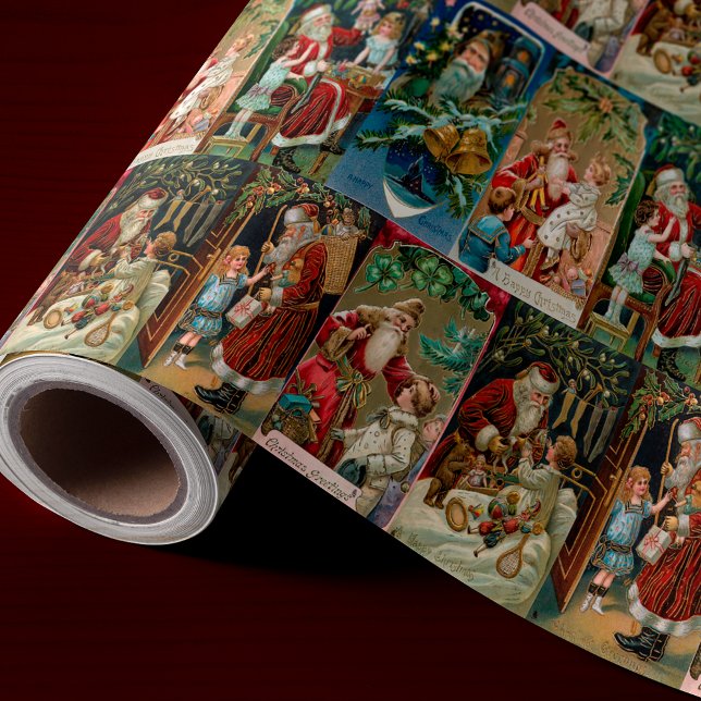 Colourful Vintage Father Christmas Collage Wrapping Paper (Creator Uploaded)
