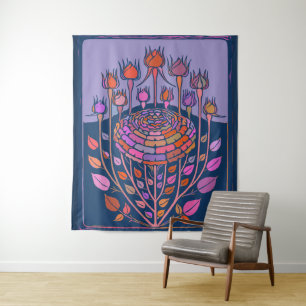 Colourful Vintage Floral Art in Purple and Blue Tapestry