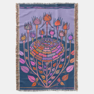 Colourful Vintage Floral Art in Purple and Blue Throw Blanket