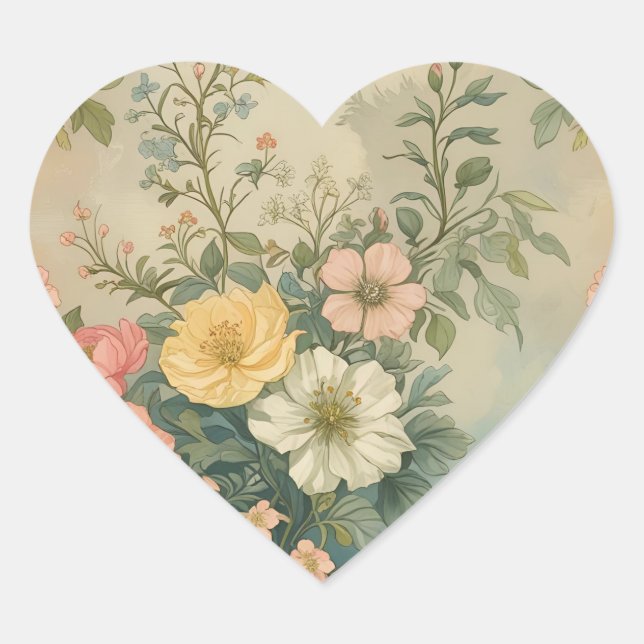 Colourful Vintage Floral Pattern Heart Sticker (Front)