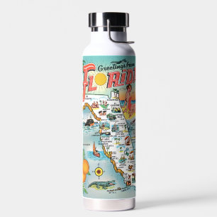 Colourful Vintage Florida Postcard Map  Water Bottle
