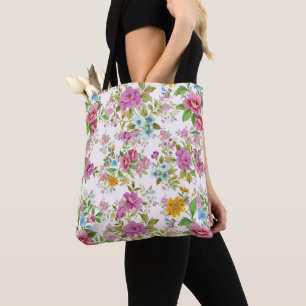 Colourful vintage flowers pattern tote bag