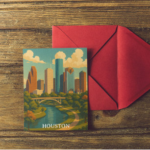 Colourful Vintage Houston Texas Skyline Postcard