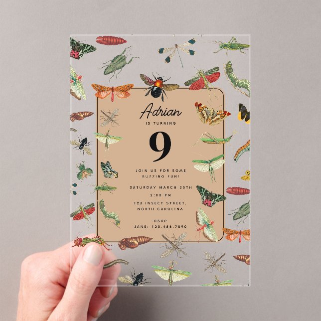 Colourful Vintage Insect Birthday Party Theme Acrylic Invitations (Insitu (Handheld))