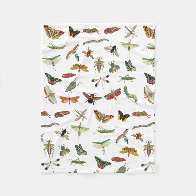 Colourful Vintage Insect Illustration Pattern   Fleece Blanket (Front)