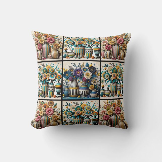 Colourful Vintage Inspired Floral Quilt Pattern Cushion (Front)