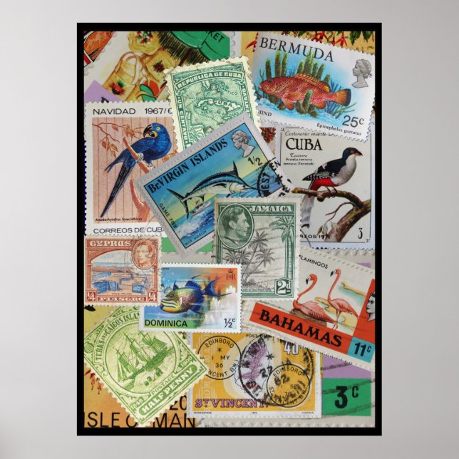 Colourful Vintage Island Stamps Poster Print (Front)