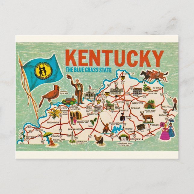 Colourful Vintage Kentucky Map  Postcard (Front)