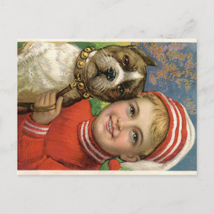 Colourful Vintage Lithograph of Young Boy and Dog Postcard